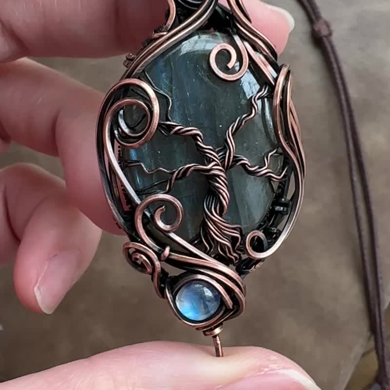 WW251 全手工編織 繞銅線復古做舊 wire wrap 生命之樹拉長石吊咀 - 項鍊 - 銅/黃銅 咖啡色