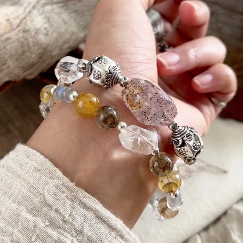 Handmade Dendritic Quartz, Clear Quartz Crystal Beads Bracelet with Karen Silver - Bracelets - Sterling Silver Brown