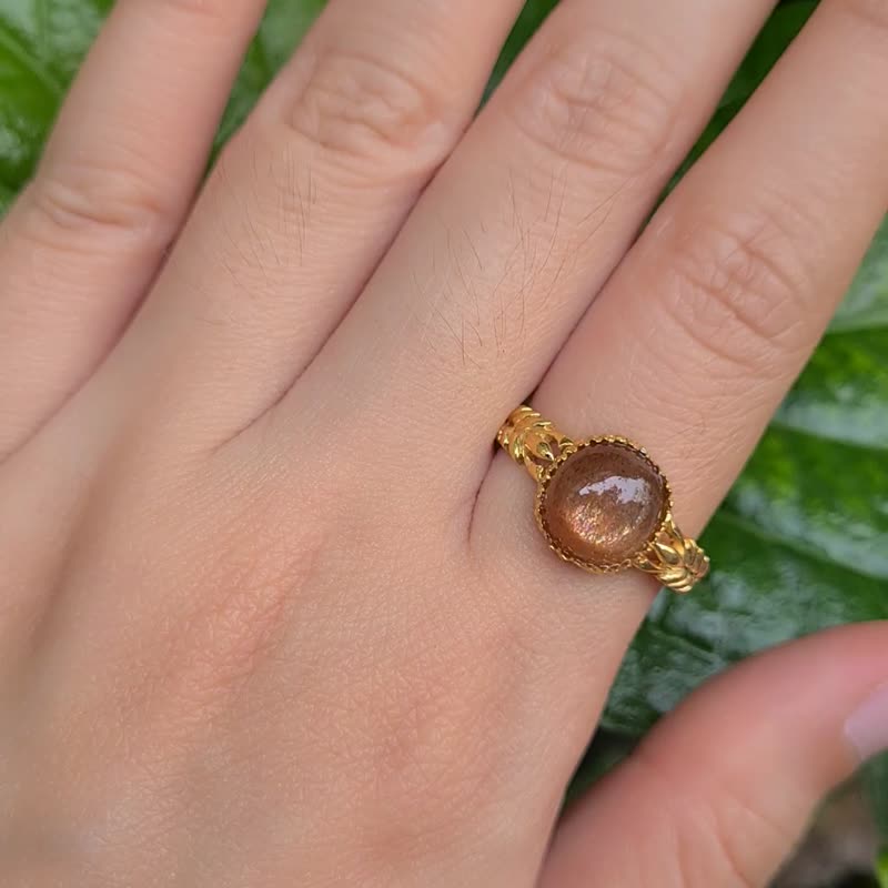 天然日光石尺寸 8×10 毫米純銀鍍金戒指 - 戒指 - 寶石 金色