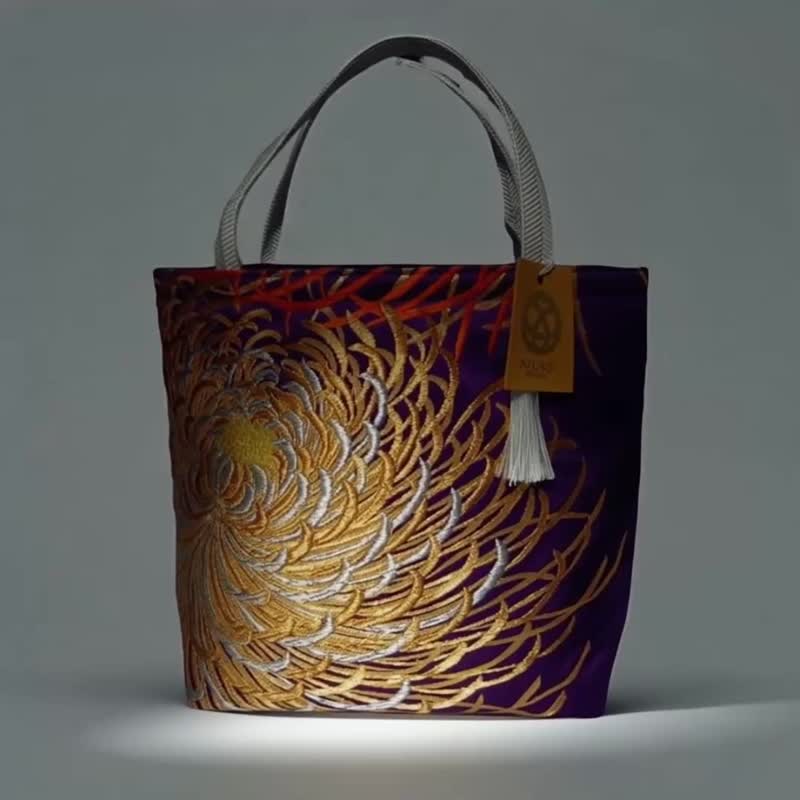 獨一無二真絲和服袋帶托特包, 日本手工刺繡升級改造包, 和風藝術 - 手提包/手提袋 - 絲．絹 金色