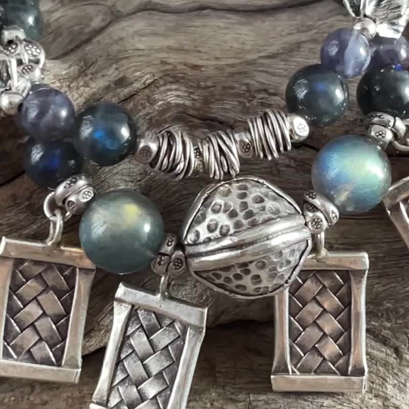 Black Labradorite, Iolite and Woven Rectangle Charms Bracelet with Karen Silver - Bracelets - Sterling Silver Black