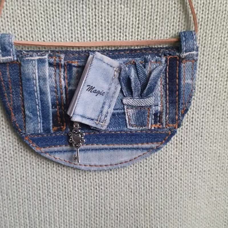 Magic book Necklace Upcycled denim necklace Jeans OOAK jewelry Denim art - 項鍊 - 其他金屬 藍色