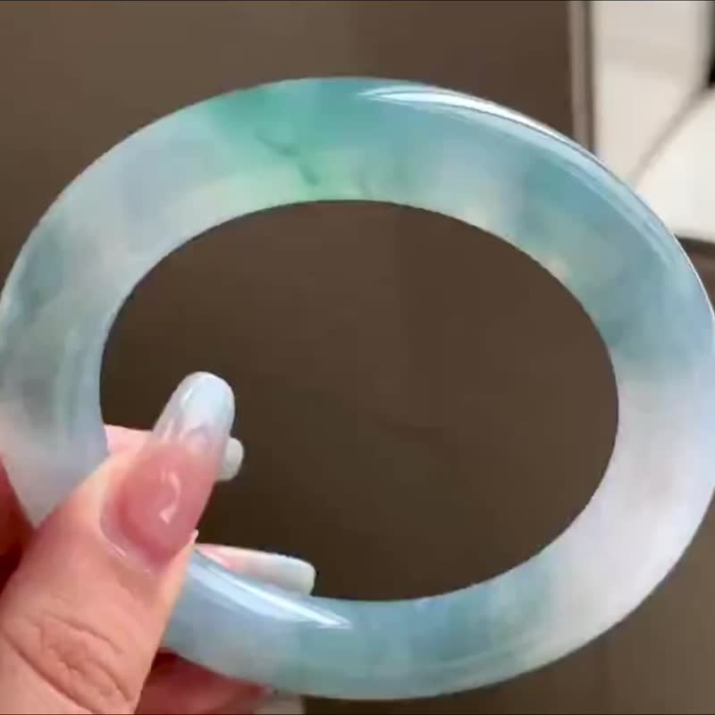 冰種 天然翡翠 緬甸 A玉 玉鐲 • 冰種藍翡翠圓鐲 - 手鍊/手環 - 玉石 藍色