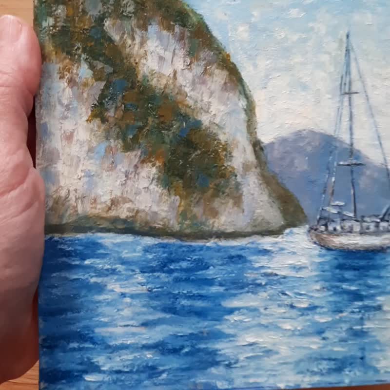 Sailboat Original Oil Painting, Blue Sea Seascape, Mediterranean Home Decor - Wall Décor - Paper 