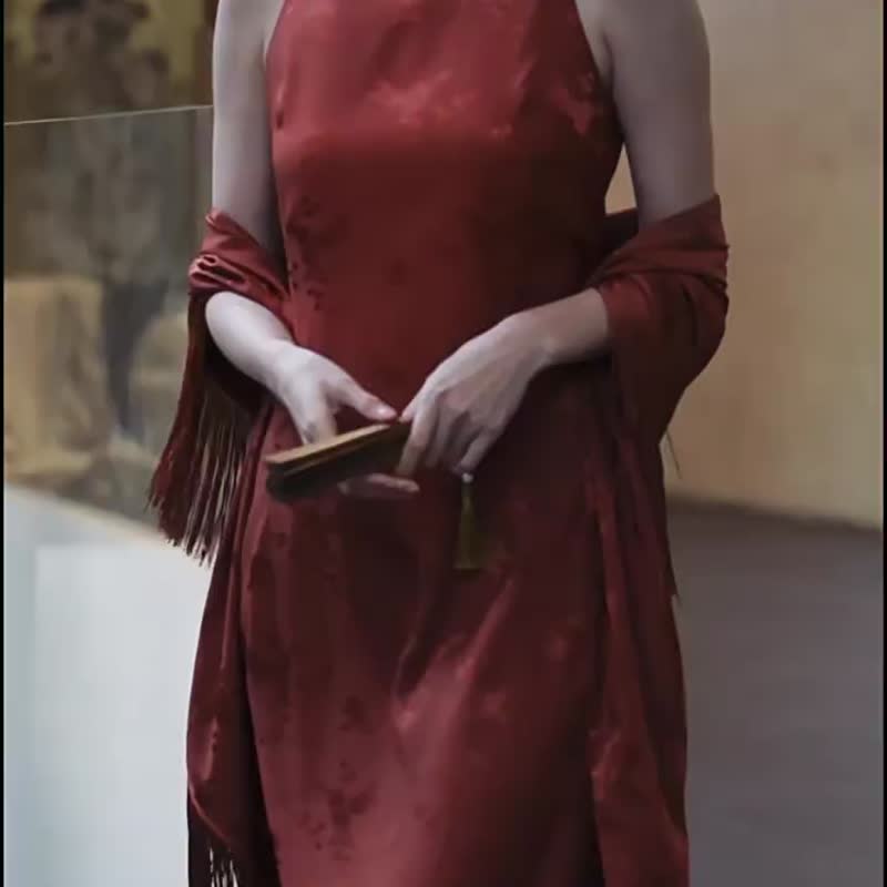 緹香 復古新中式露背提花改良旗袍 復古新娘敬酒服婚禮禮服 - 旗袍/改良式旗袍 - 聚酯纖維 紅色