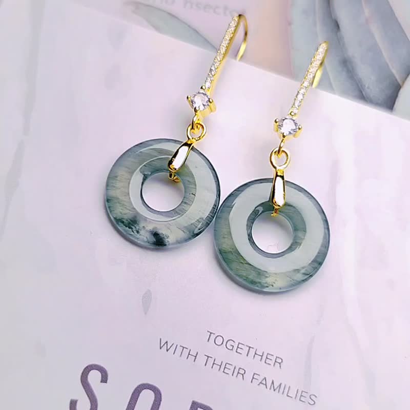 Fortune | Blue water floating flowers | A-grade jade ice glass blue water donut sterling silver plated 18k simple earrings - ต่างหู - หยก 