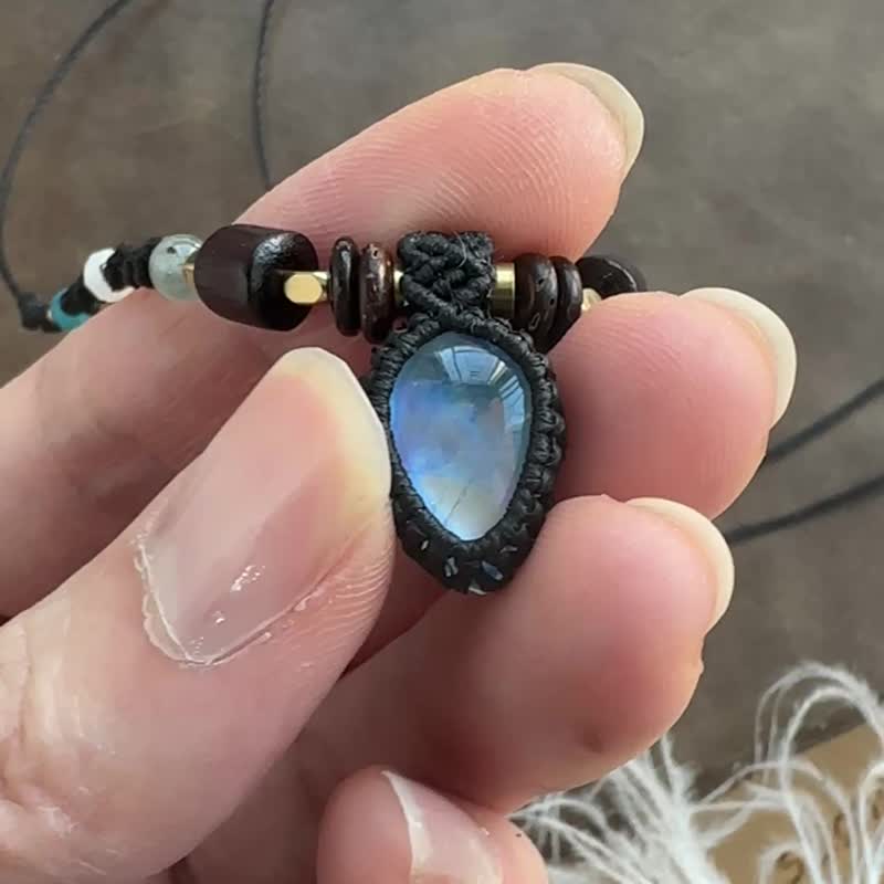 N1200 民族風 蠟線編織 月亮石 銅珠 頸鏈 (可調長度) - 項鍊 - 寶石 咖啡色