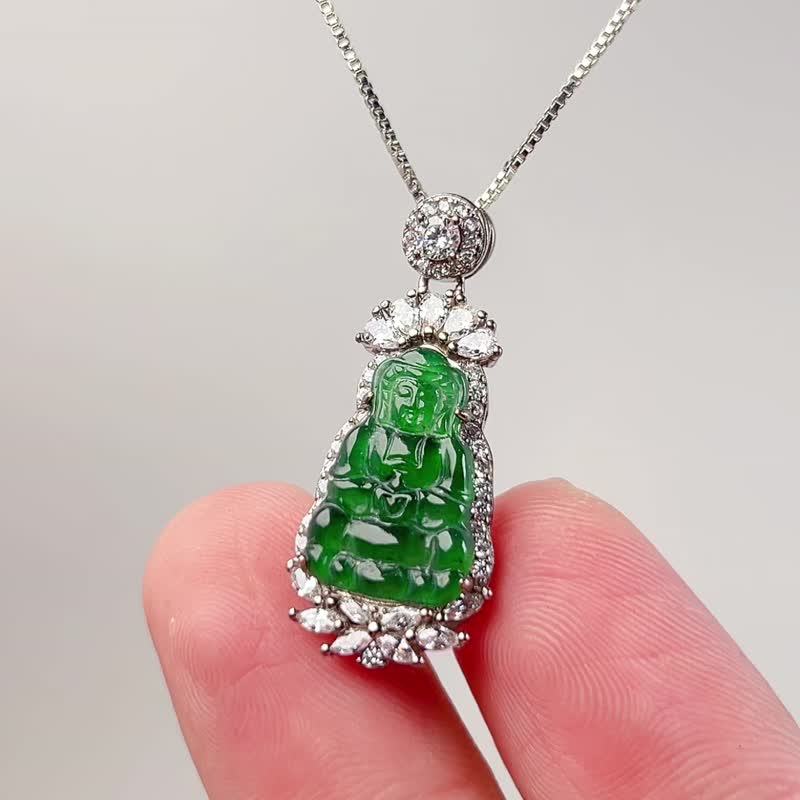 Bingzhong Laokeng Green Jade Guanyin Bodhisattva Necklace 925 Sterling Silver | Natural Jade A Product | Gift - Necklaces - Jade Green