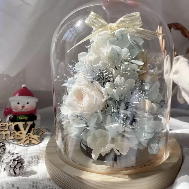 [Christmas Gift] Preserved Flower Christmas Tree Glass Flower Cup Silver Snow Blue LED Night Light Birthday Gift - ช่อดอกไม้แห้ง - พืช/ดอกไม้ 