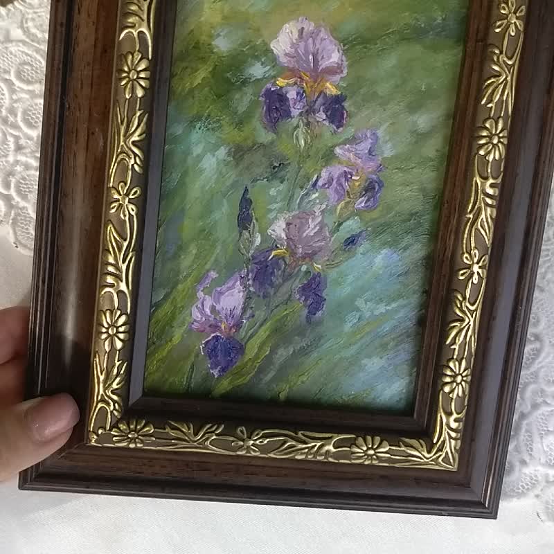 Irises Oil Painting,Floral Original Art,Framed Wall Decor,Hand Painted Art,Gift - ตกแต่งผนัง - วัสดุอื่นๆ สีน้ำเงิน
