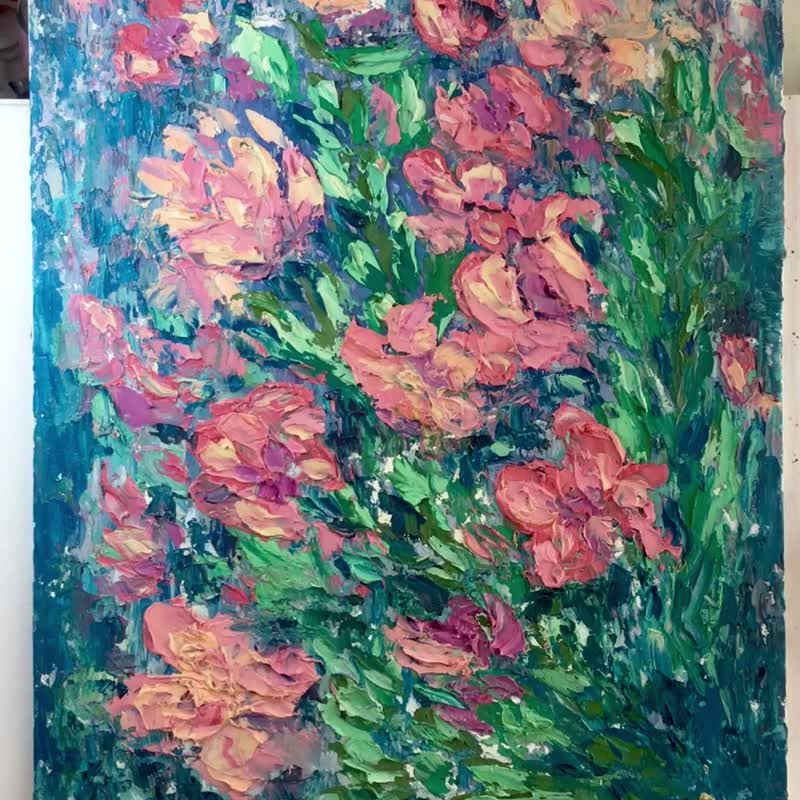 Pink flowers oil painting - ตกแต่งผนัง - วัสดุอื่นๆ สึชมพู