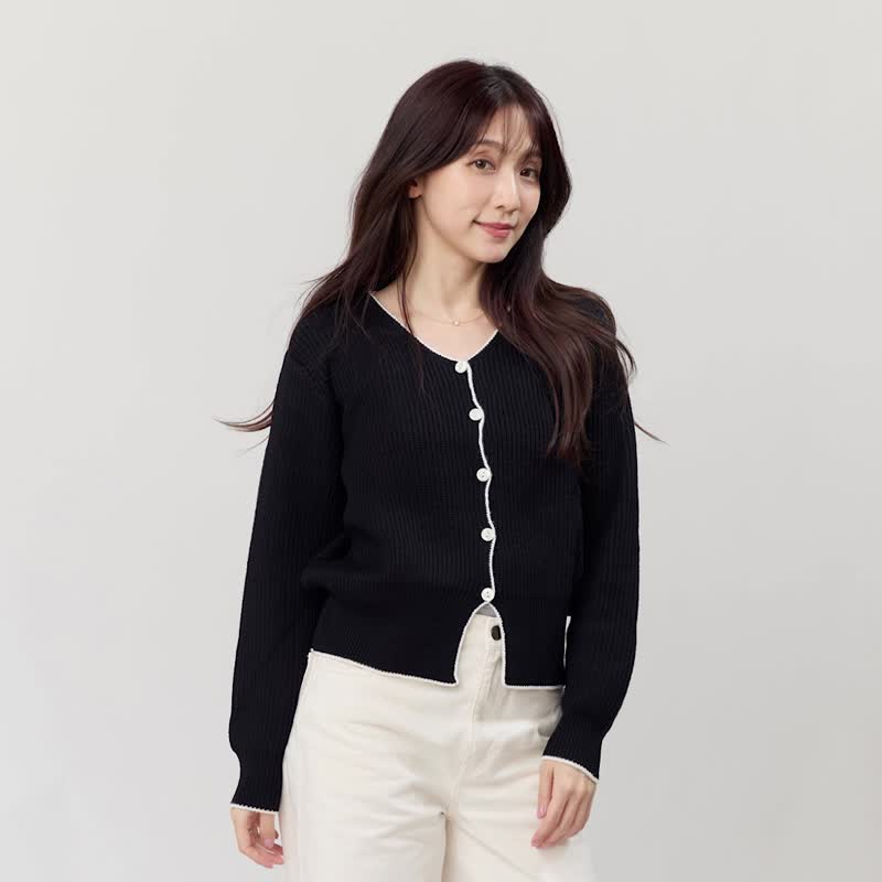 Cathy手勾邊圓領針織開襟衫外套/黑 - 女毛衣/針織衫 - 棉．麻 黑色