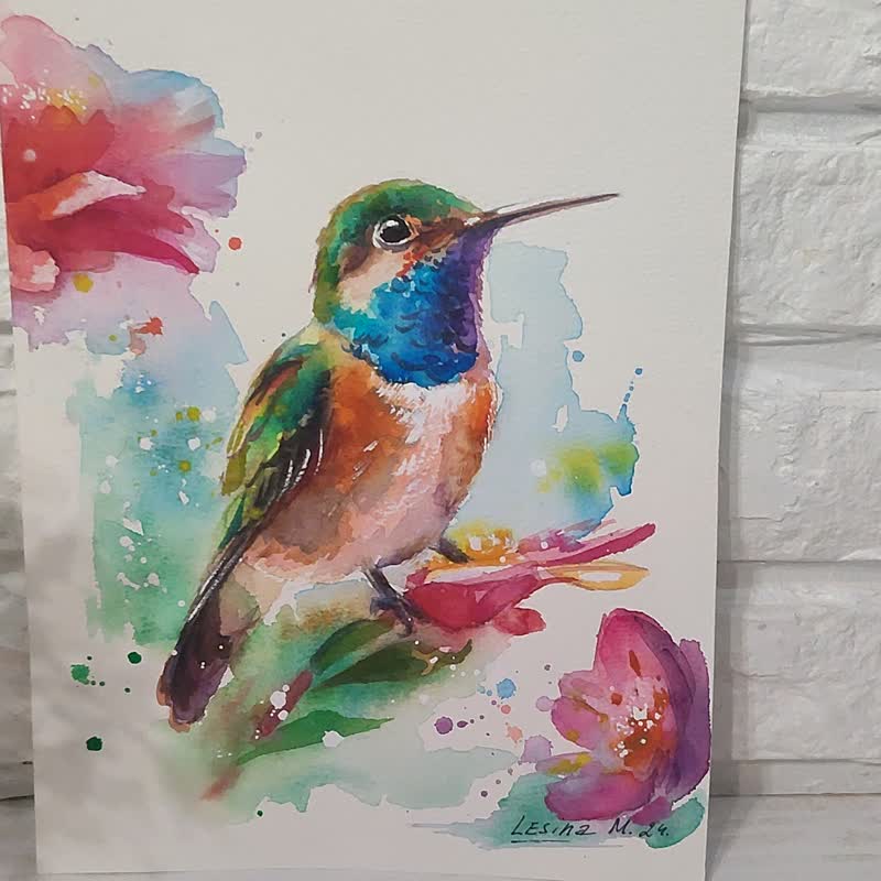 原画　ハチドリ　鳥　動物画　絵画　アクリル画　現代アート　細密画　手描き　一点物 原画 ハチドリ 鳥 動物画 絵画 アクリル画 現代アート 細密画