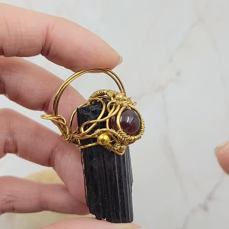 黑碧璽原石柱 紅石榴石 手工繞線 長頸鍊 - 項鍊 - 水晶 