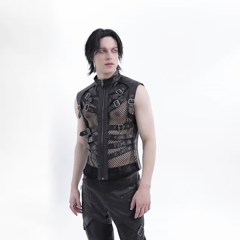 Fermorian Warrior Grid Cutout Leather Vest - เสื้อกั๊กผู้ชาย - วัสดุอื่นๆ สีดำ