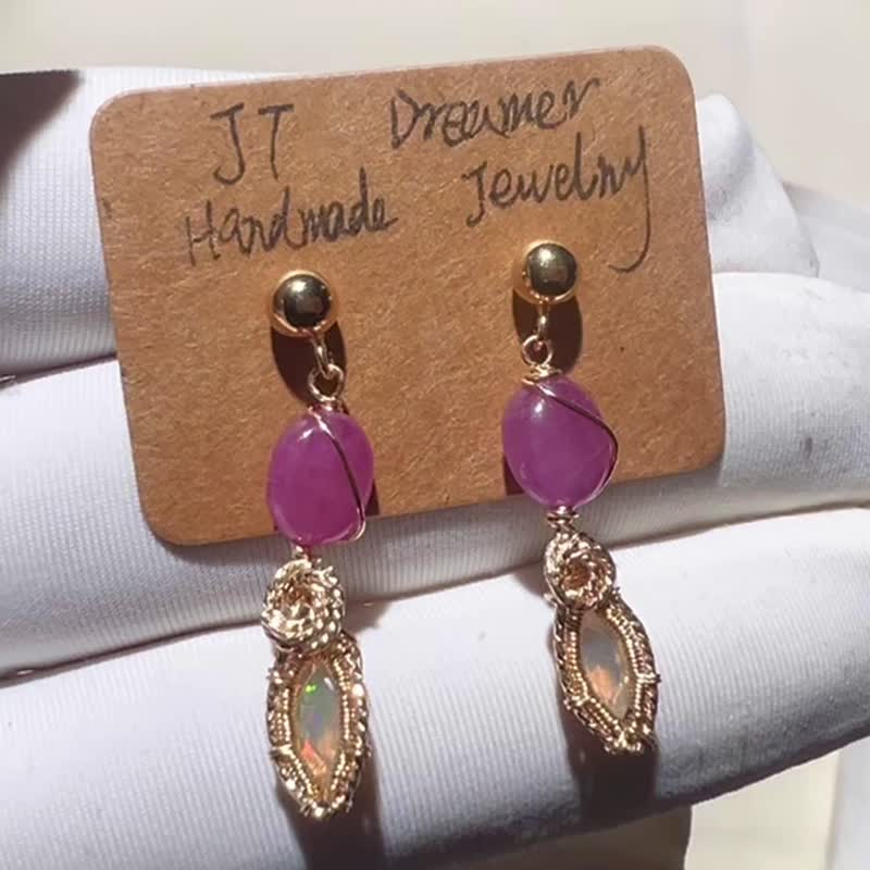 Pure hand-made 14K gold wrapped thread pink sapphire water Opal earrings - ต่างหู - เครื่องเพชรพลอย หลากหลายสี