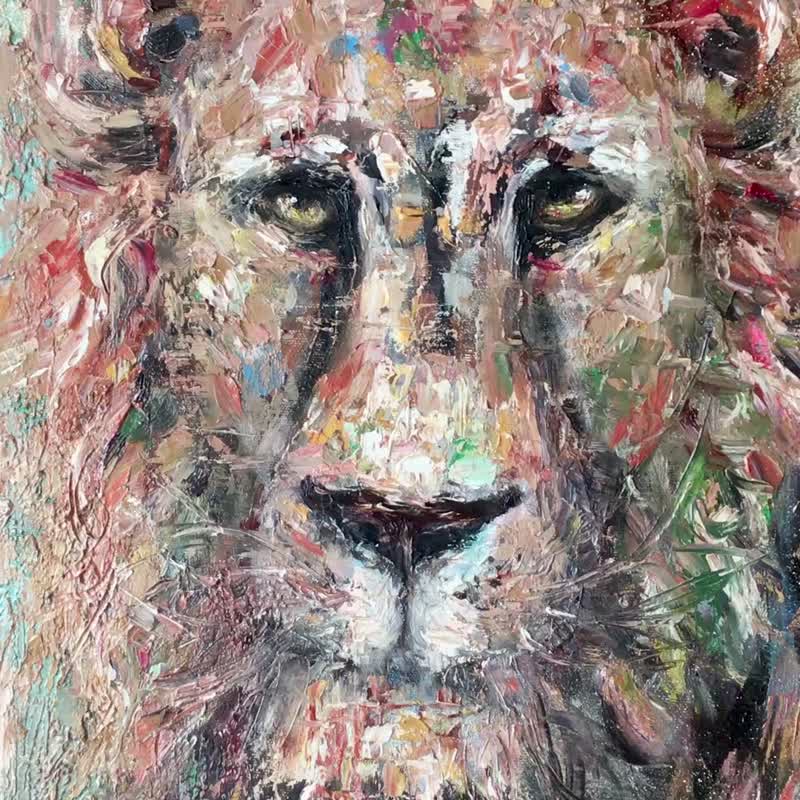 Silent King -  Original Lion Textured Acrylic & Oil Painting on 3D Canvas - 壁貼/牆壁裝飾 - 其他材質 多色