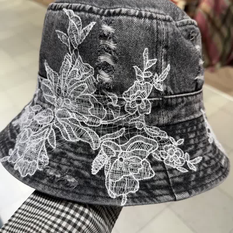 法式魚骨蕾絲復古丹寧漁夫帽 - 帽子 - 棉．麻 灰色