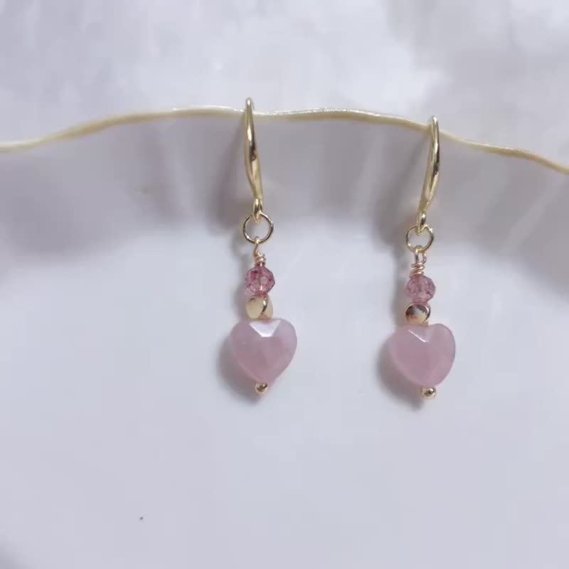 Peach blossom/fate/love pink crystal/faceted strawberry crystal/14k color-preserving ear needle earrings - Bracelets - Other Metals 