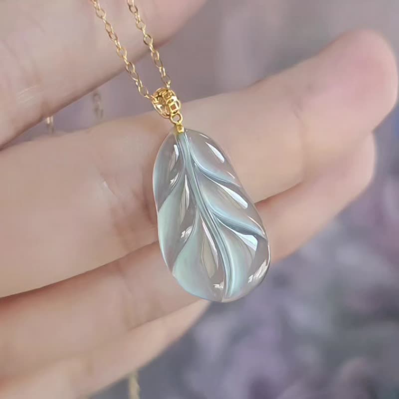 一夜暴富|純18k金仙氣高冰玻藍剛葉子|A貨翡翠藍翡吊墜項鍊 - 項鍊 - 玉石 