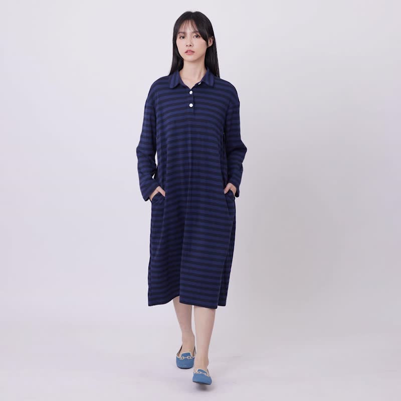 Sofie Half Placket Striped Long Sleeve Dress/ Navy - เสื้อผู้หญิง - ผ้าฝ้าย/ผ้าลินิน สีน้ำเงิน