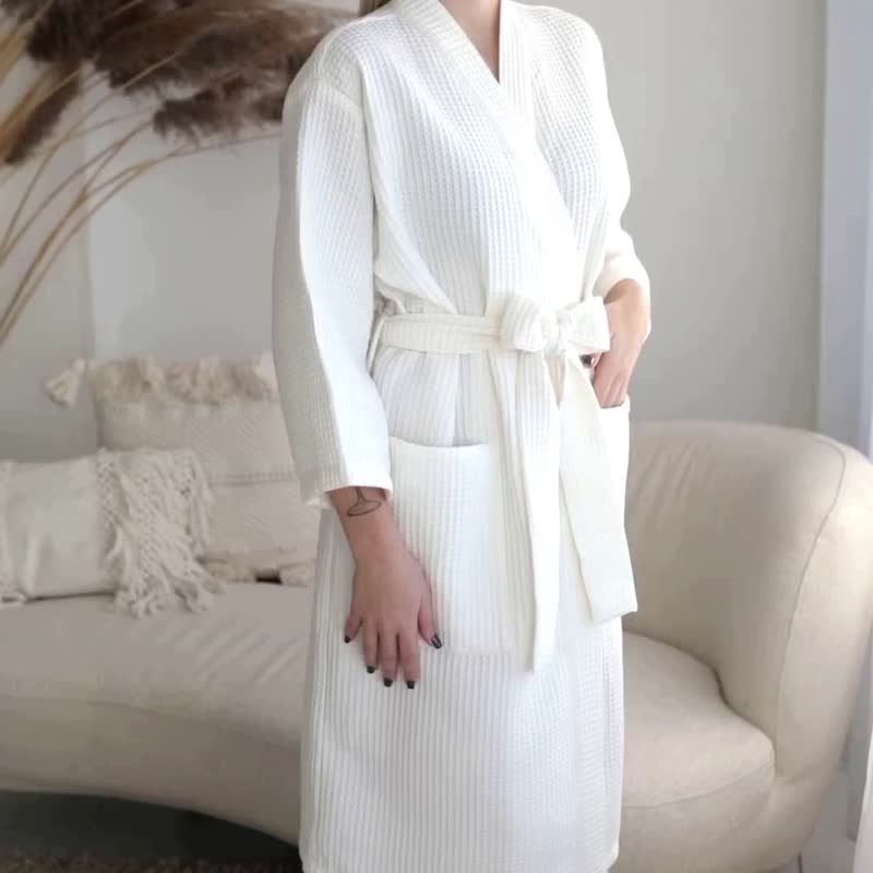 女士白色華夫格棉質睡袍 婚紗長袍 NK10 - 居家服/睡衣 - 棉．麻 白色