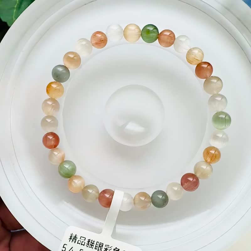 卒業級キャッツアイ濃厚カラフルラビットヘアールチルクォーツ 5.4-5.8mm 7.76g 非常に滑らかで希少なグレーラビットヘアールチルクォーツ入り - ブレスレット - クリスタル 多色