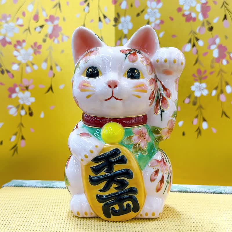 【瑞櫻綻喜】日本清水燒招財貓 | 色繪 - 枝垂櫻 - 擺飾/家飾品 - 瓷 粉紅色