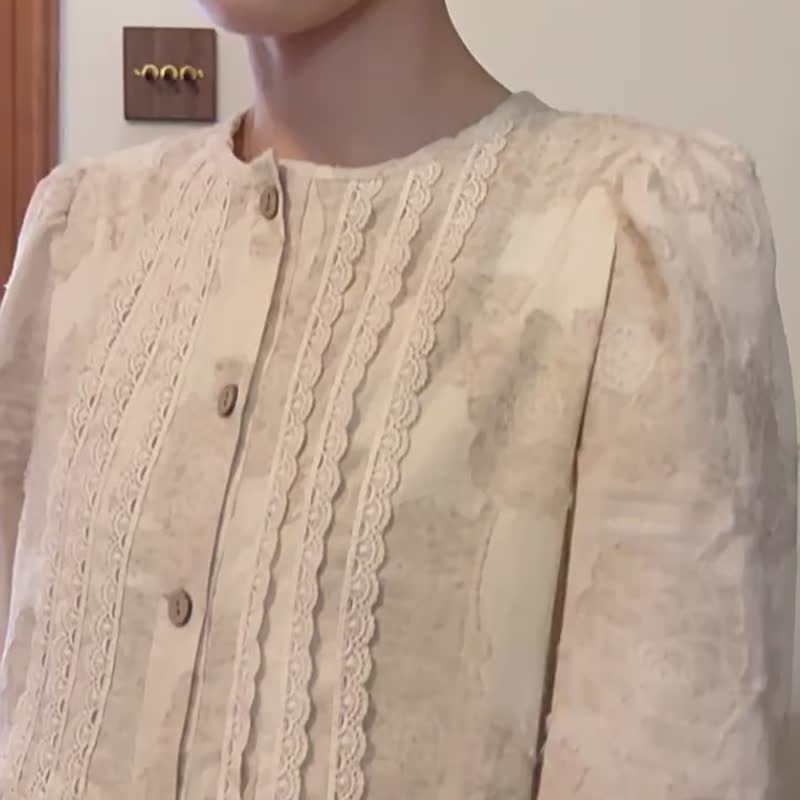 Off-white primary color French retro dark pattern jacquard linen cotton dress high waist long tea break dress - ชุดเดรส - ผ้าฝ้าย/ผ้าลินิน สีกากี