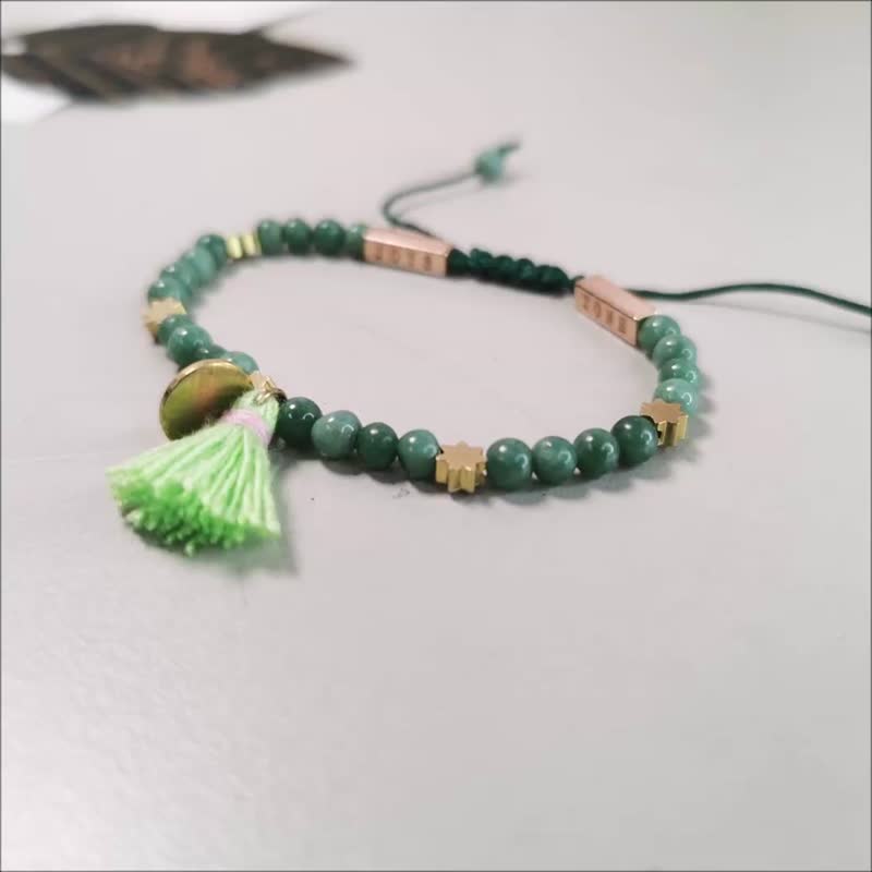 Skinny Bracelet Aventurine Star Beaded Adjustable Slip Knots Petite Tassel - Bracelets - Gemstone Green
