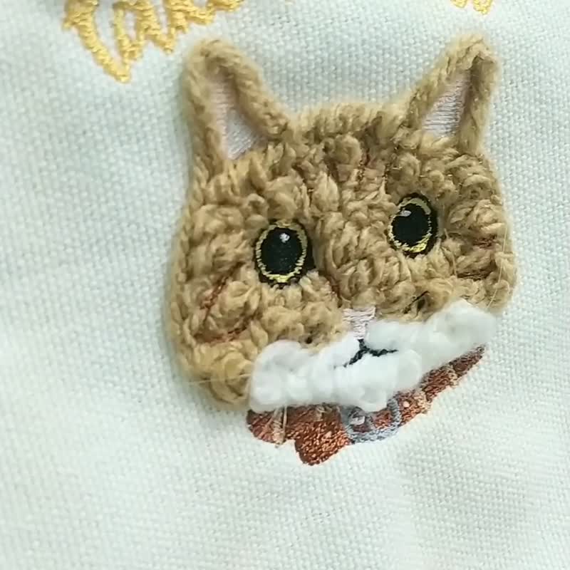 *Take me out*ダブルカップバッグ/ドリンクバッグ 小さいオレンジ色の猫 立体縄刺繍 - トートバッグ・ハンドバッグ - その他の化学繊維 カーキ