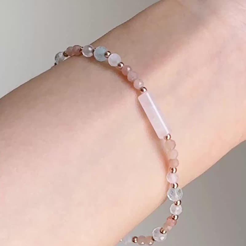 橙月光石 粉晶 海藍寶 白月光 | 戀愛 守護 療癒 | 天然水晶手鍊 - 手鍊/手環 - 水晶 粉紅色