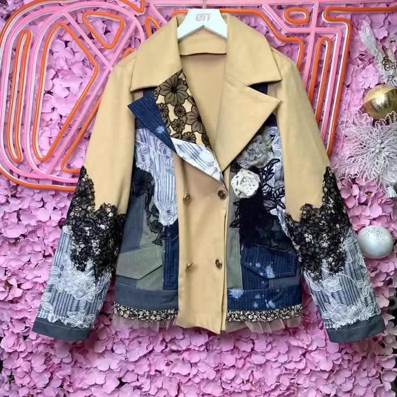 OTT獨一無二•Unique卡其黃色重工刺繡牛仔蕾絲喱士拼布羊絨外套 - 女西裝外套 - 羊毛 卡其色