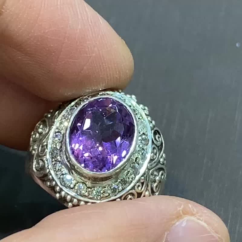 天然 紫水晶 戒指 尼泊爾 手工製 925純銀 - 戒指 - 水晶 紫色