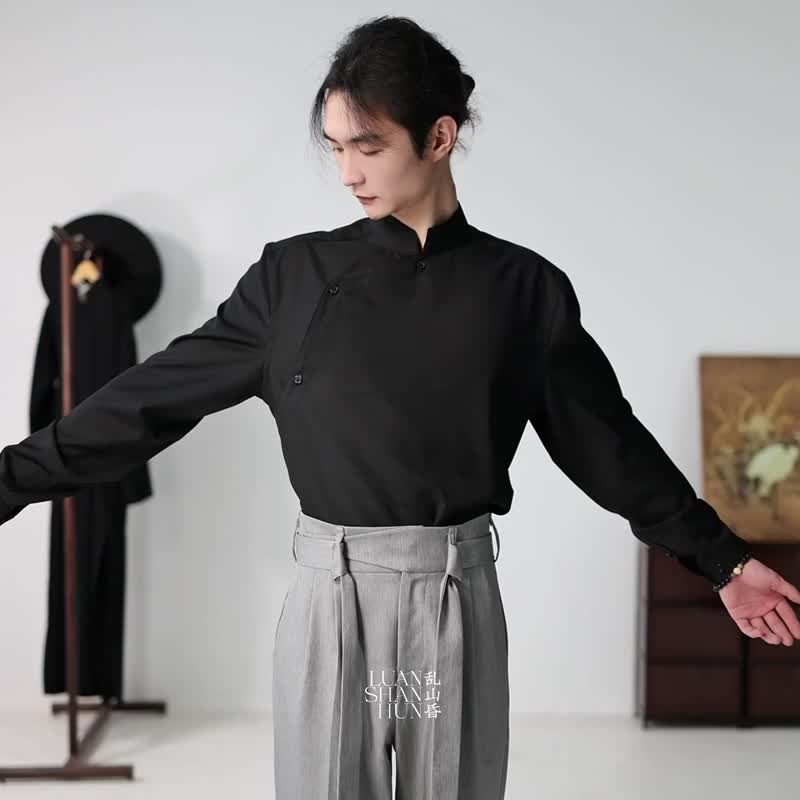 Luanshanhun new Chinese original design national style oriental retro stand collar factory placket long-sleeved shirt daily spring and autumn - เสื้อเชิ้ตผู้ชาย - เส้นใยสังเคราะห์ สีดำ