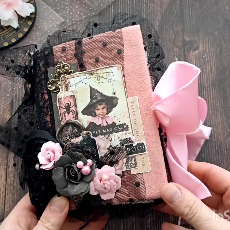 Pink Gothic witch grimoire junk journal handmade Dark Lace witchcraft notebook - 筆記本/手帳 - 紙 粉紅色