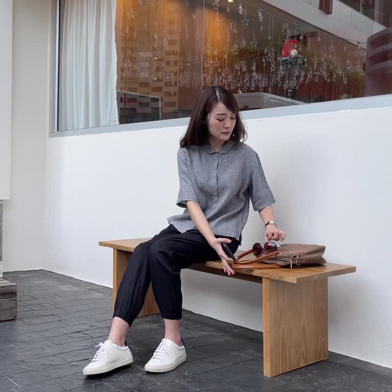 Short Sleeves Gingham Linen : Ally Blouse - 女襯衫 - 棉．麻 黑色