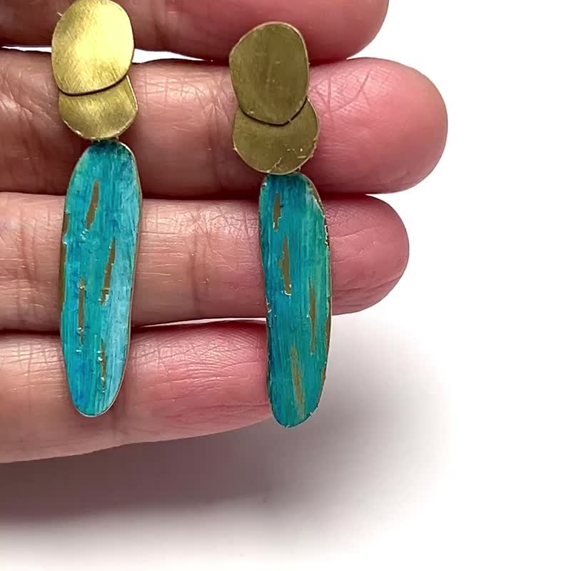 【Misty Dots 】MDBE02 藍色繪畫耳環/ 黃銅/ 手工禮物/ 客製化 - 耳環/耳夾/耳骨夾 - 銅/黃銅 藍色