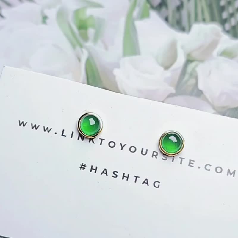 |Noble|A-grade jadeite ice glass old pit sun green radiant cabochon sterling silver plated 18k yellow extremely simple bezel earrings - ต่างหู - หยก 