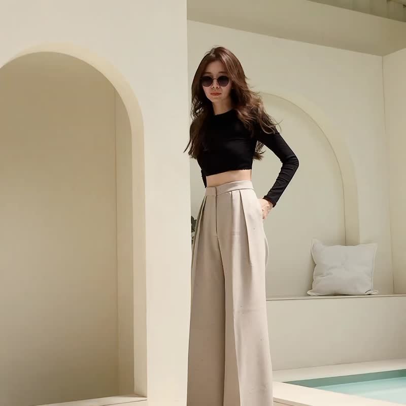 LaRa : Beige (High-waisted and long-leg design) - Women's Pants - Other Materials 