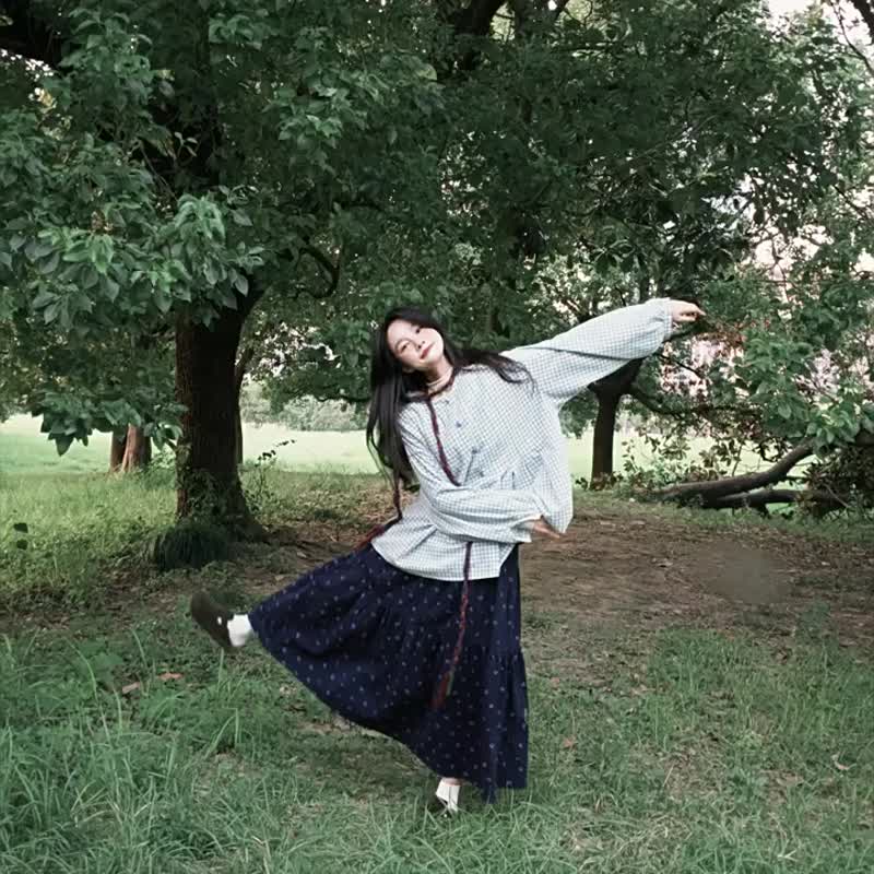 糖果色格紋 元氣甜點少女荷葉邊格子長袖襯衫 文藝休閒襯衣上衣 - 女上衣/長袖上衣 - 棉．麻 藍色