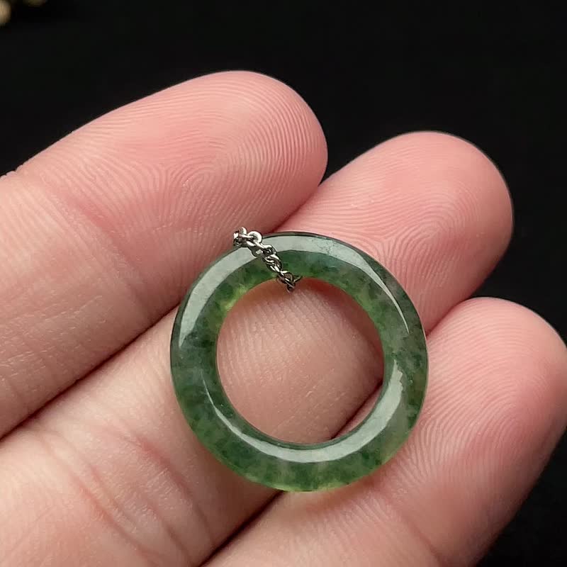 Ice green floating flower jade peace ring necklace | Natural Burmese jade jade A goods - Necklaces - Jade Green