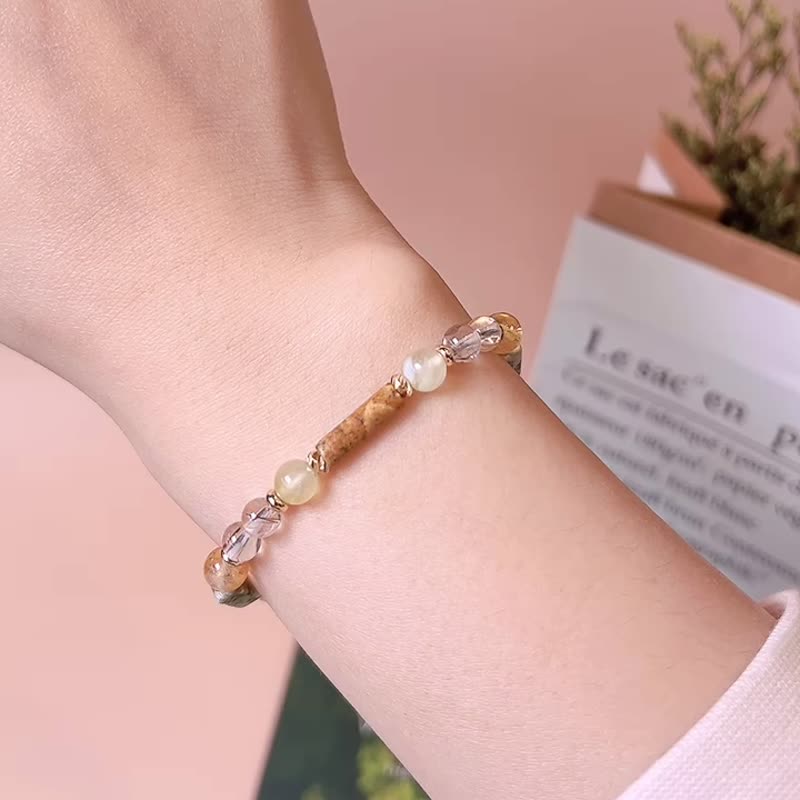 Lucky spring glaze golden picture Stone Stone prehnite Stone bracelet - สร้อยข้อมือ - คริสตัล สีเขียว