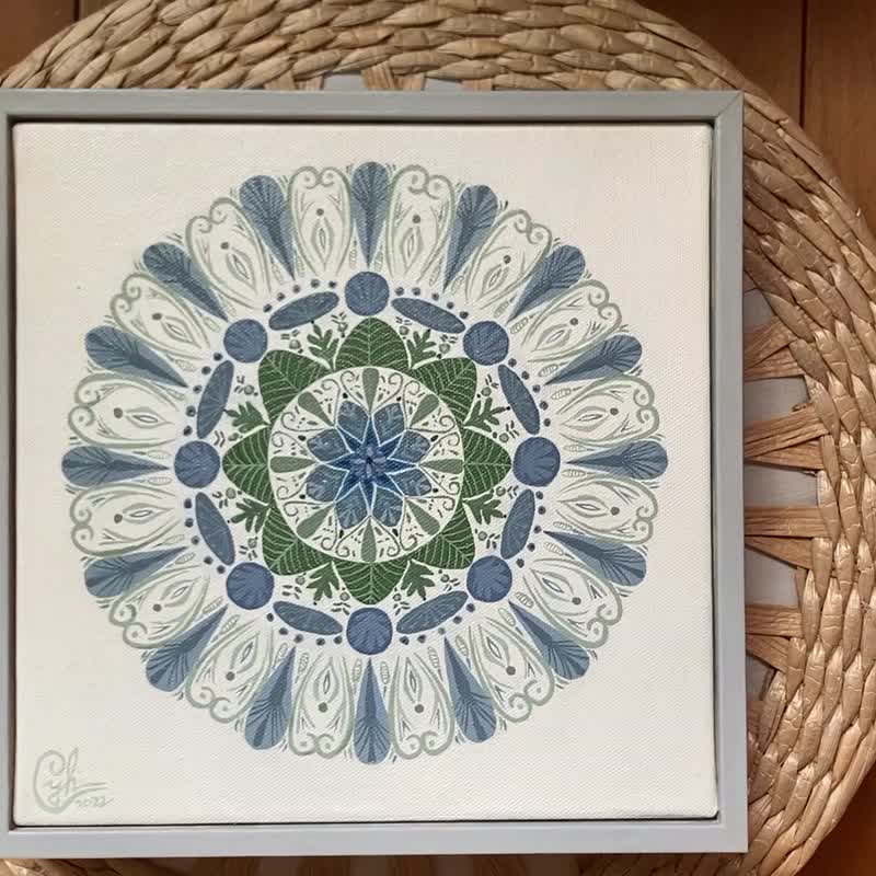 Customized Mandala painting Soul Seed 1 with gray selected frame 20x20 cm - โปสเตอร์ - ผ้าฝ้าย/ผ้าลินิน สีน้ำเงิน