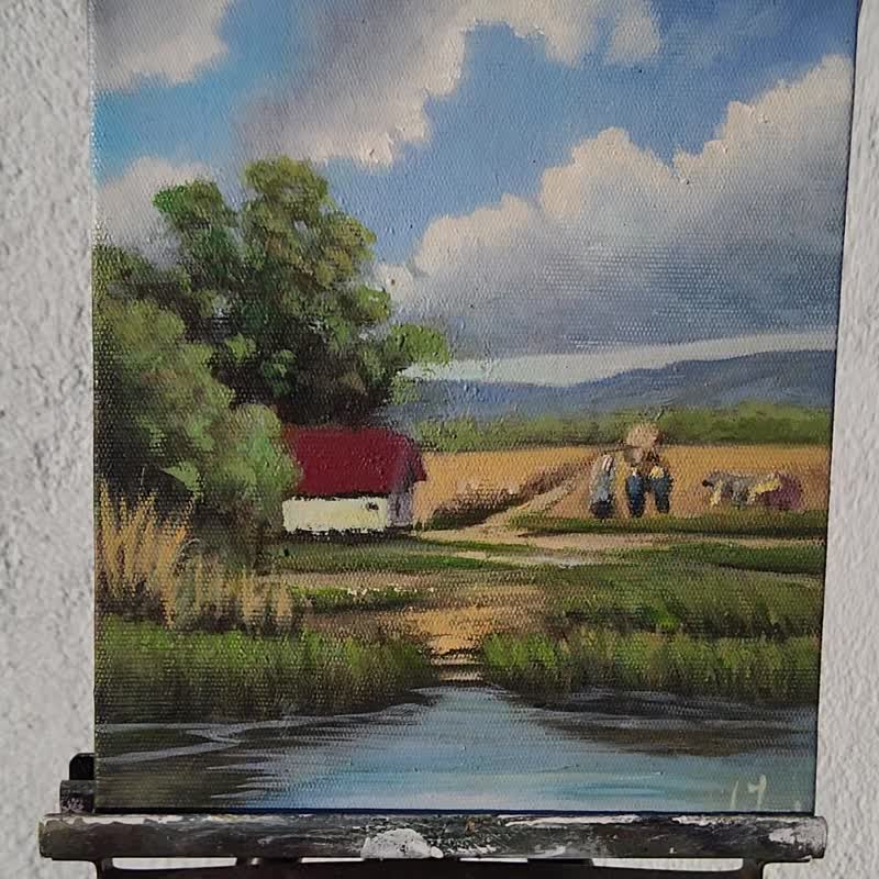Countryside Painting Landscape Original Art Rver Bank Scene with House Wall Art - 插畫/繪畫/寫字 - 亞麻 