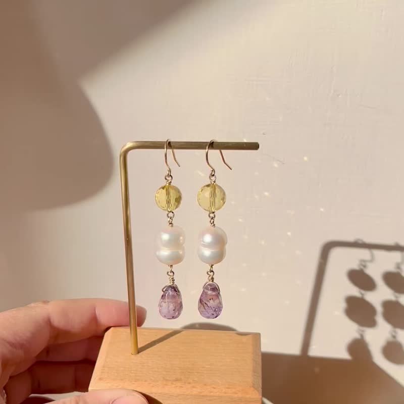 Light luxury long earrings citrine natural pearl amethyst American production 14k gold - Earrings & Clip-ons - Gemstone Multicolor