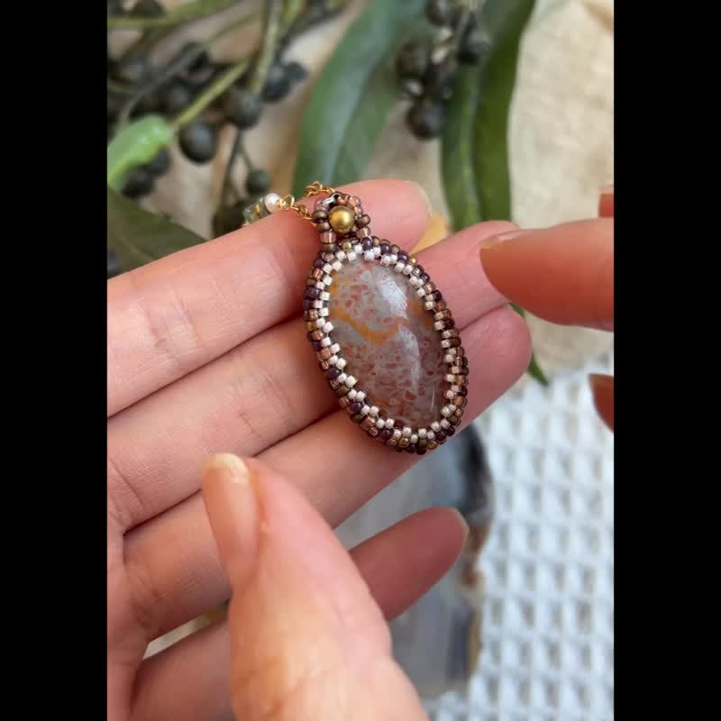 Fruit Jasper Glass Seed Bead x Natural Stone Beaded Pendant with Gemstone Chain - Necklaces - Crystal Brown