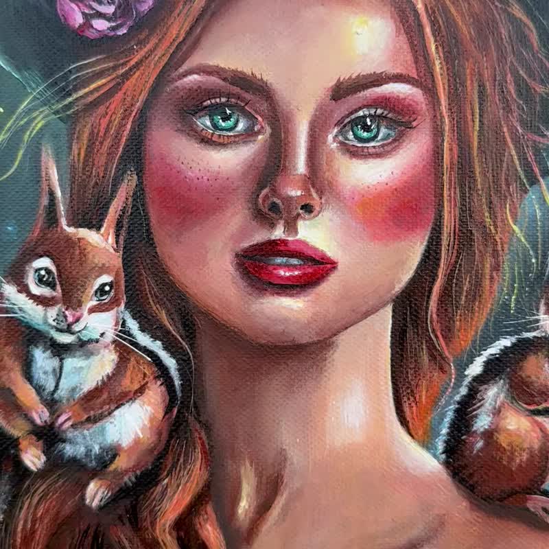 Witch original canvas painting, Squirrel painting, Whimsical art, Woman painting - Wall Décor - Cotton & Hemp Multicolor