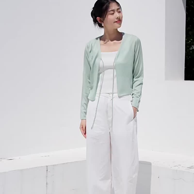 White/black/purple/green Tencel mulberry silk short knitted jacket with lace-up sun protection cardigan and small shawl - เสื้อแจ็คเก็ต - ไฟเบอร์อื่นๆ ขาว