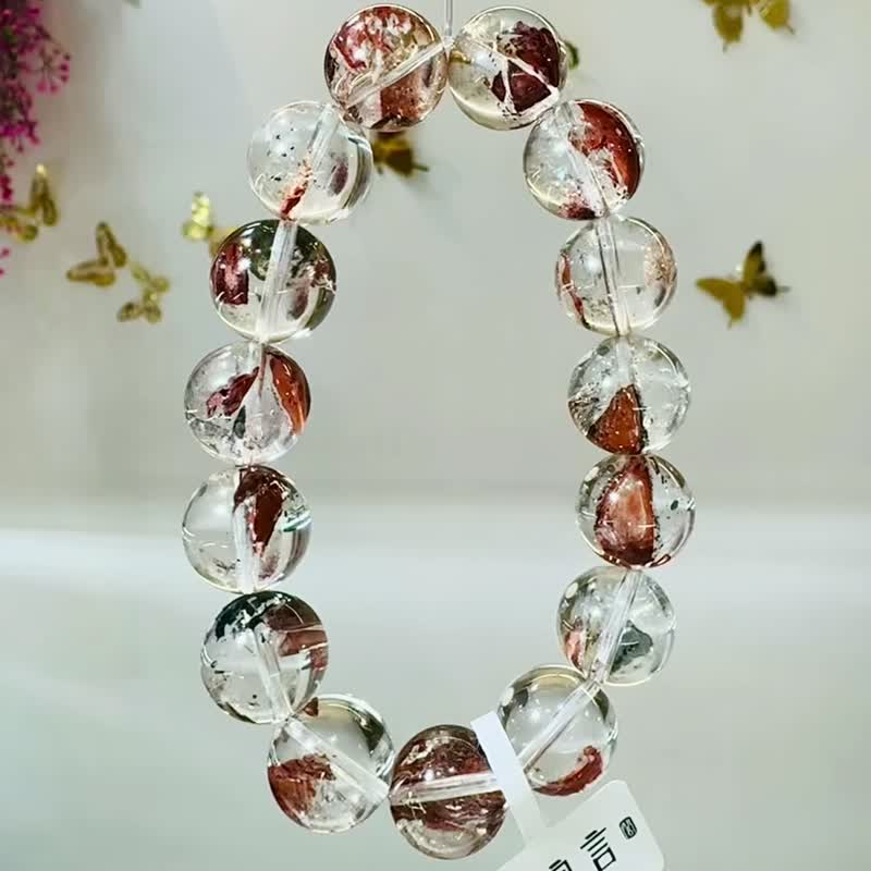 畢業級天然紅泥骸骨閃靈水晶14mm58.60g好運穩定情緒淨化洞察力 - 手鍊/手環 - 水晶 紅色